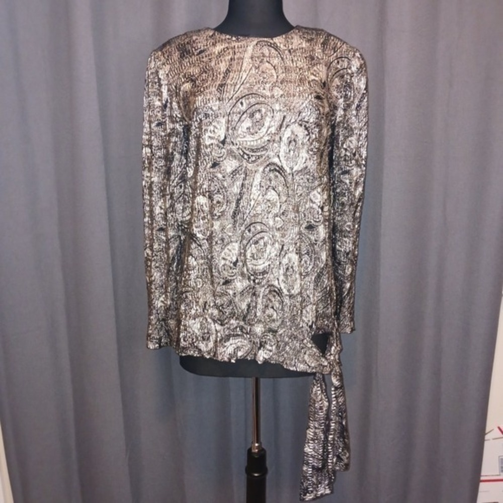Vintage Silver Paisley Blouse Another Thyme Long Sleeve Tie Waist Party Top‎ XL